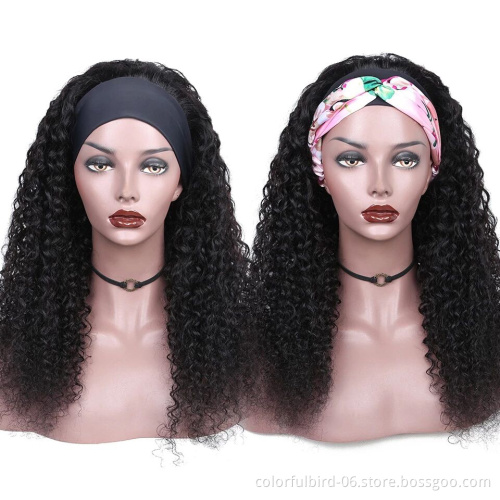 Cheap Headband Wig jerry curly Human Hair Wig With Headband Attached Indian curly Human Hair Wigs With Headband Scarf